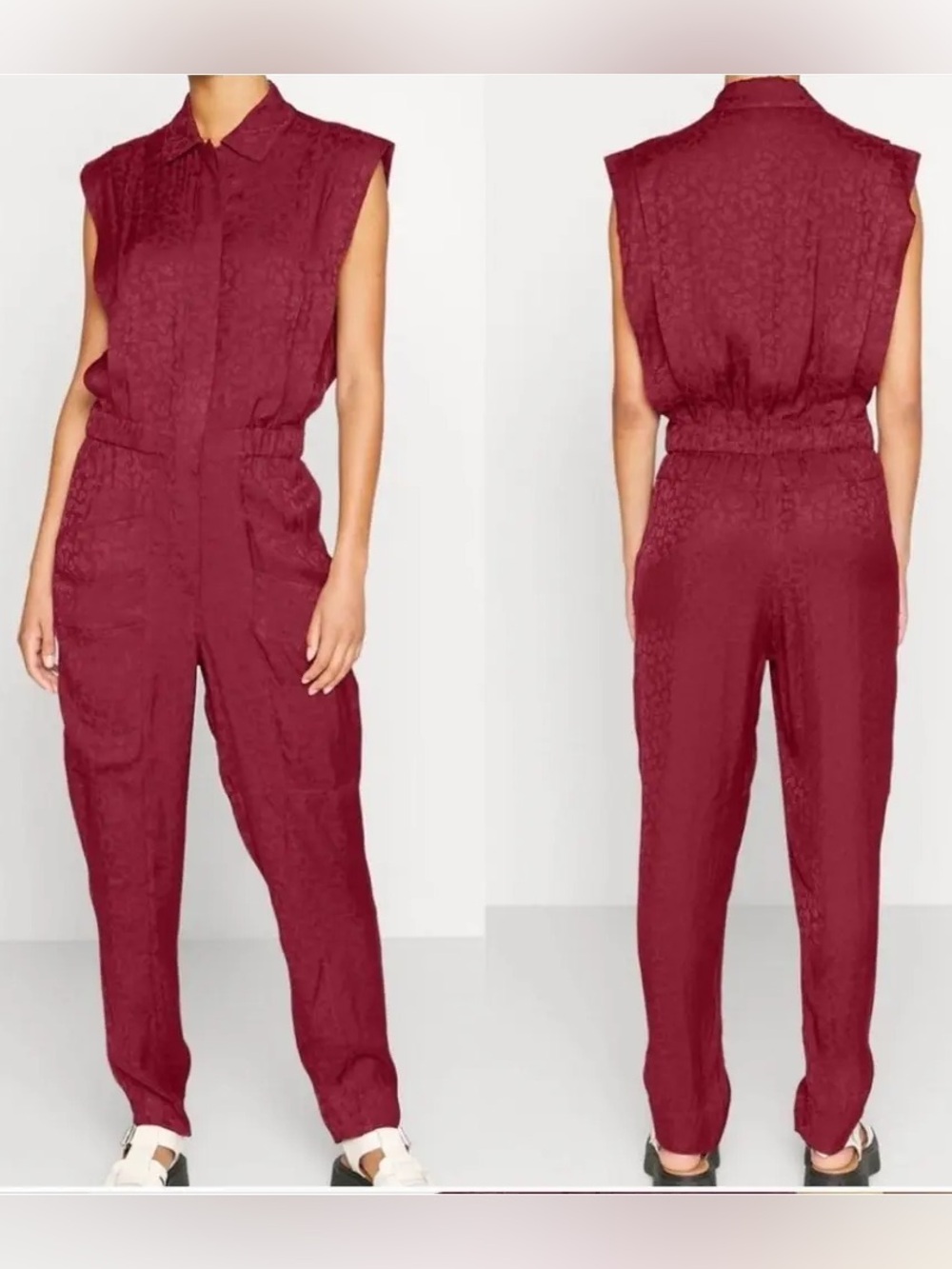 Scotch & Soda Burgundy Jacquard Sleeveless Utility Jumpsuit